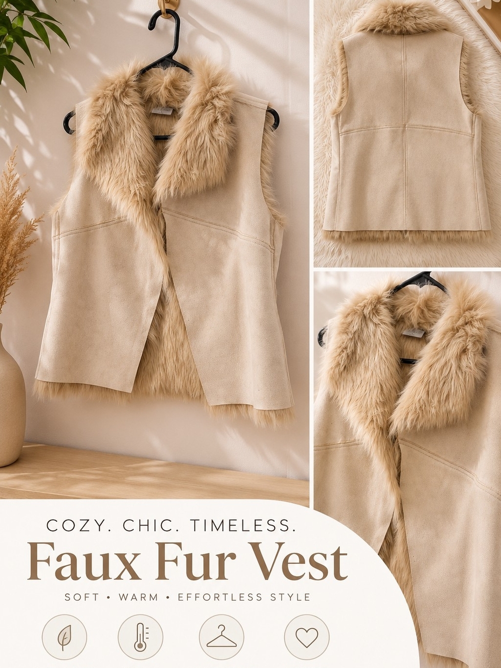 Faux Fur Vest - Cream Cozy Sleeveless Jacket